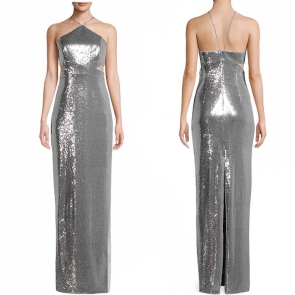 Aidan Mattox Sequin Metallic Silver Halter Dress
